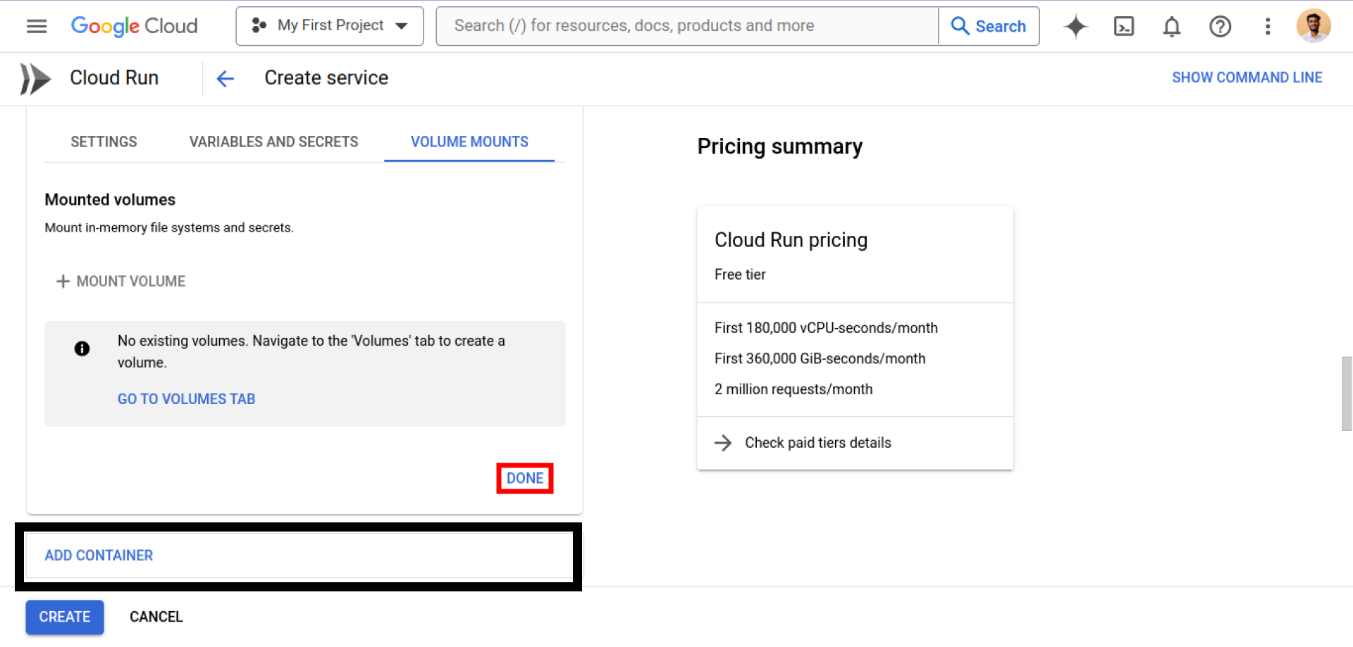 gcp cloud run container volume mount section and add another container